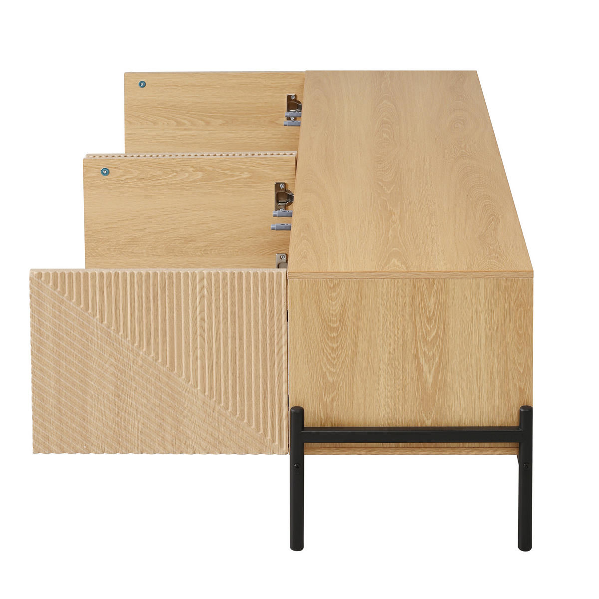 TV stolek z MDF 163,5x40x45 cm přírodní se 4 dvířky, 3D strukturou a otvíráním na stisk - světle hnědá, kompozitní dřevo (163.5/45/40cm) - Modfu