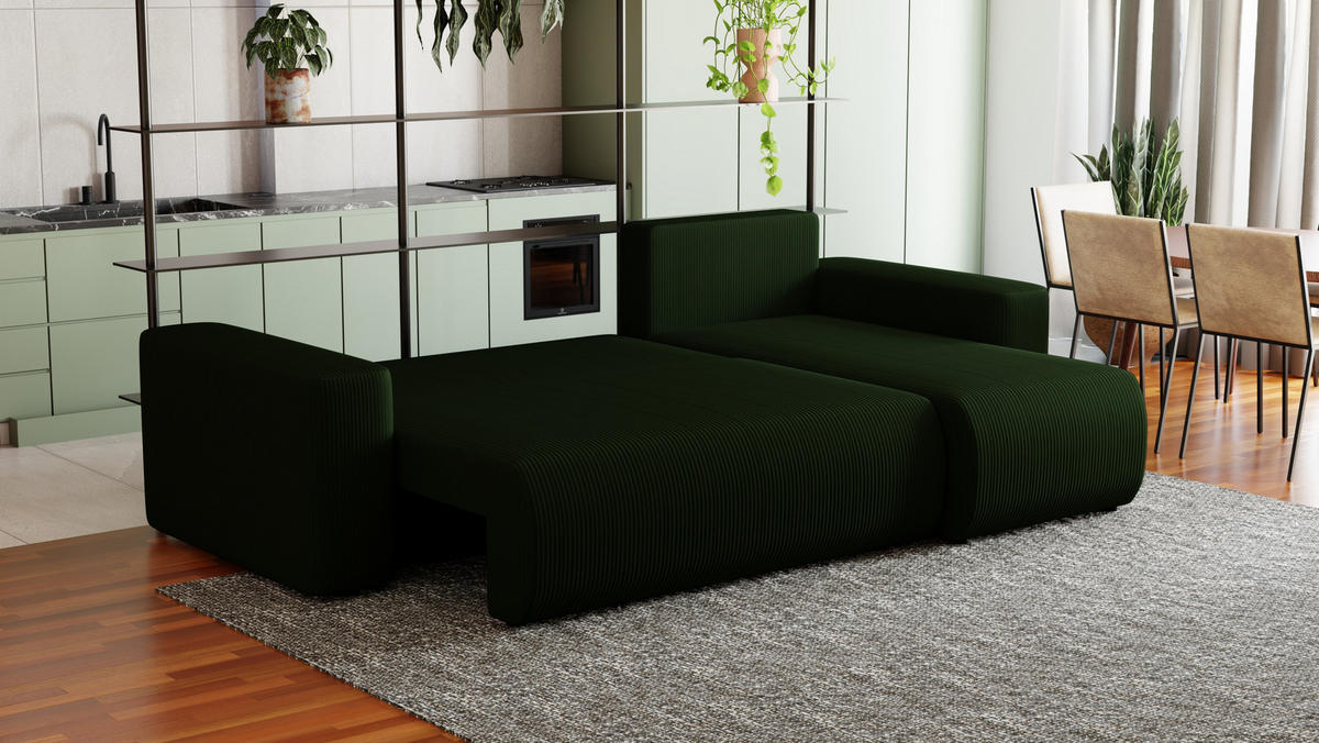 ECKSOFA Travis mit Bettkasten und Schlaffunktion, L-Form, Cord, Universal - Dunkelgrün, Holzwerkstoff (248/148cm) - 4ALL HOME