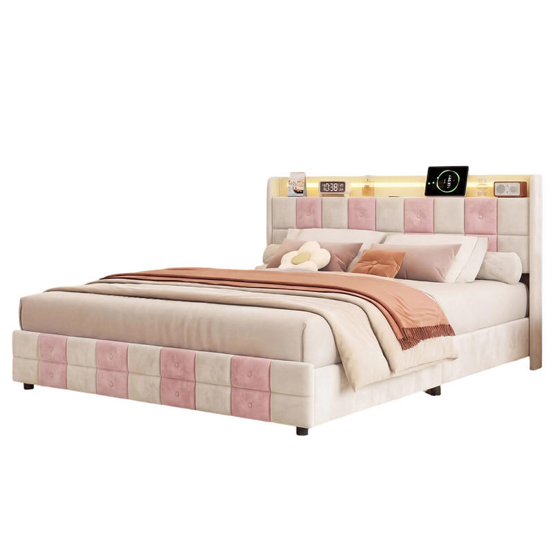 SHOPENTRA ČALOUNĚNÁ postel 140x200 cm bílá růžová sametová LED USB 4 zásuvky