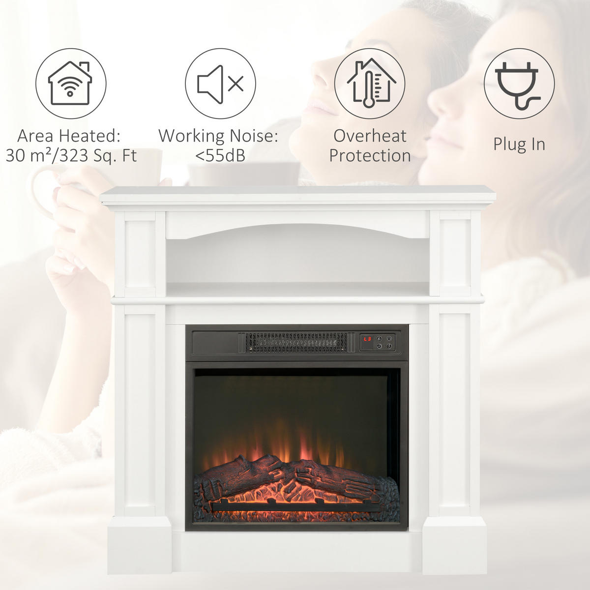 ELEKTRICKÝ KRB 1800 W Stojací krb s topením, 3D LED efekt plamenů, bílý - bílá, kov (32.3/80.5/80.5cm) - HOMCOM
