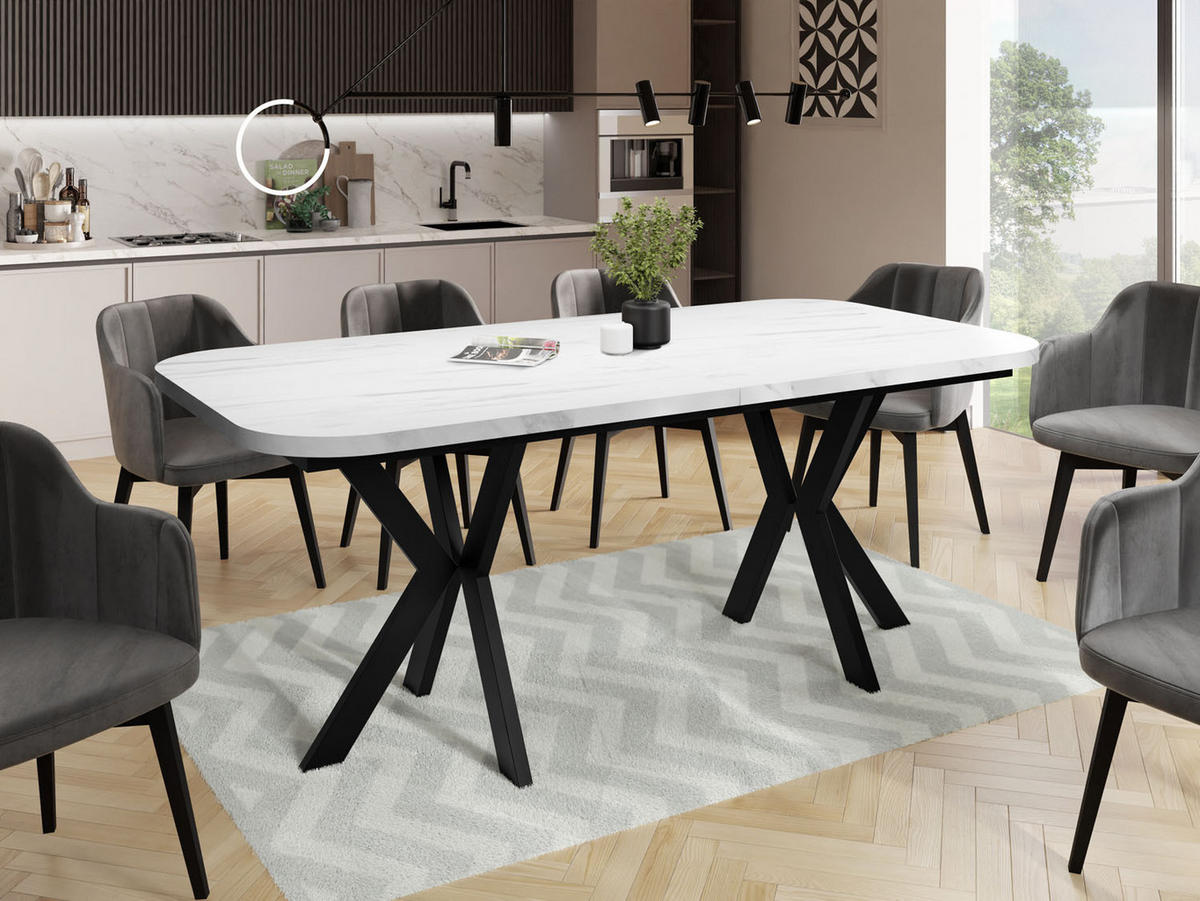 ESSTISCH Olivia ausziehbar rechteckig, Marmor Weiß 200-280/100/76 - Ecru/Schwarz, Holzwerkstoff/Metall (200/100/76cm) - WFL GROUP