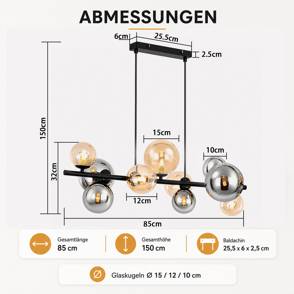 PENDELLEUCHTE Havlis 85/15/150 cm - Schwarz, Glas/Metall (85/15/150cm) - ZMH