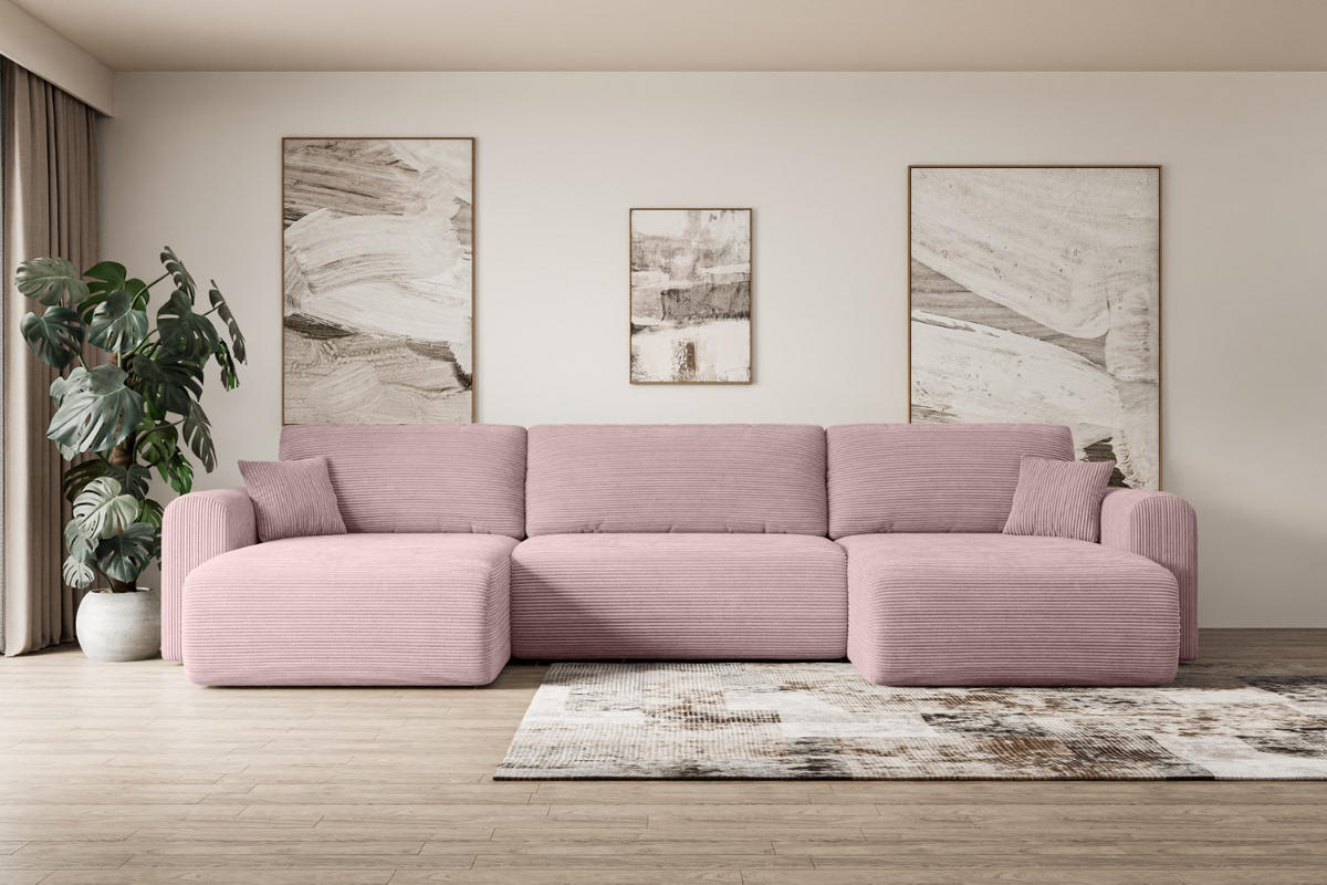 WOHNLANDSCHAFT mit Schlaffunktion und Bettkasten ORRO-U - 362x145x83 cm Rosa Cord - Schwarz/Rosa, Holzwerkstoff/Kunststoff (362/83/145cm) - ALTDECOR