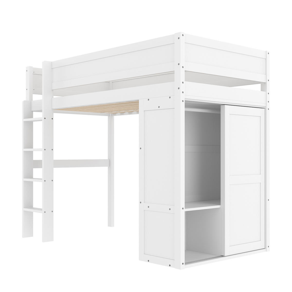 HOCHBETT 90/200 cm Weiß mit Kleiderschrank und Staufach aus Kiefernholz - Weiß, Holz (90/200cm) - OKWISH