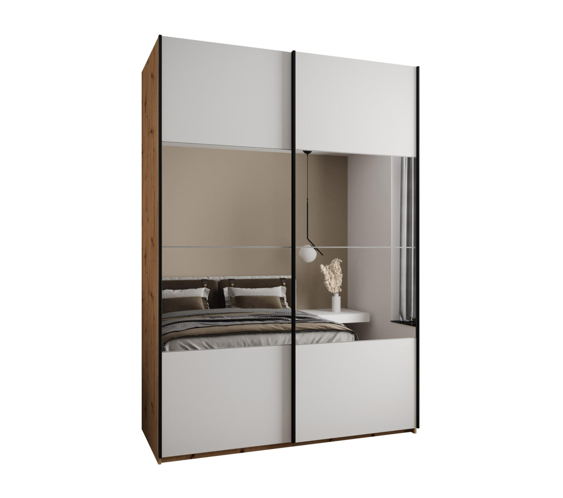 Abiks Möbel Schwebetürenschrank Eiche Artisan, Weiß, Schwarz 180x245x64 cm