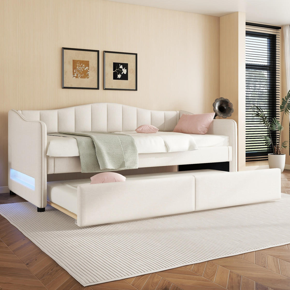 TAGESBETT 90/200 cm mit ausziehbarem Rollbett und LED-Beleuchtung, Leinenbezug, Beige - Beige, Textil (90/200cm) - Redom