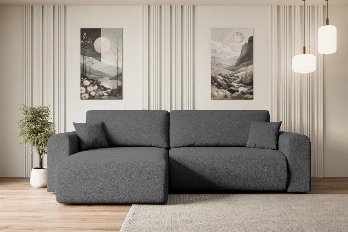 ECKSOFA mit Schlaffunktion und Bettkasten ORRO-L - 272x145x83 cm Grau Bouclé - Schwarz/Grau, Holzwerkstoff/Kunststoff (272/145cm) - ALTDECOR