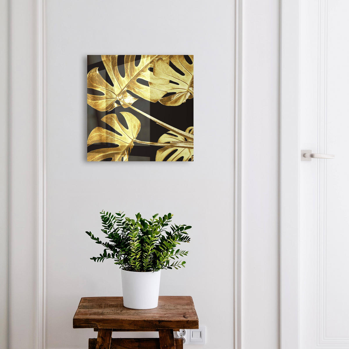 SCHLÜSSELBOX Schwarz 30x30 cm- Türöffnung nach rechts - Monstera-Blätter - Gelb, Metall (30/30/5cm) - TULUP