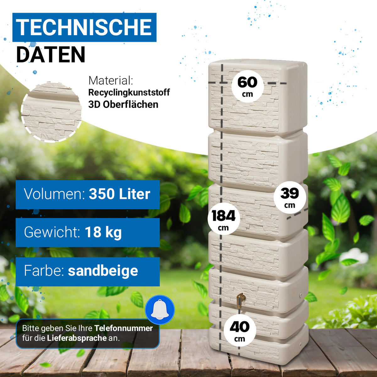 WANDTANK 350 L, sandbeige - Beige, Kunststoff (39/184/60cm) - 4rain