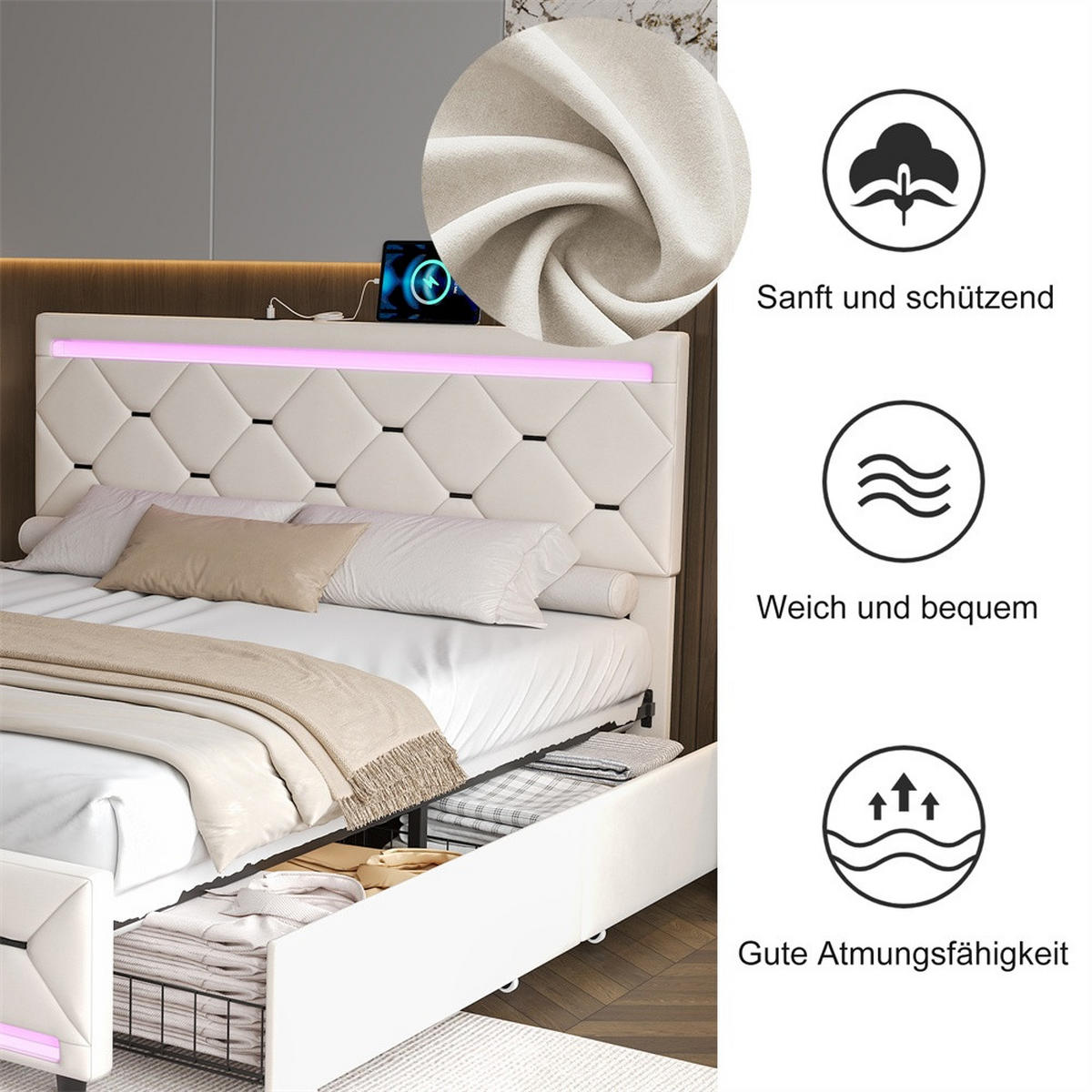 POLSTERBETT 140x200 cm - Doppelbett mit 4 Schubladen und LED-Beleuchtung an Kopfteil und Fußteil - ohne Matratze - Beige, Textil (140/200cm) - DELFA