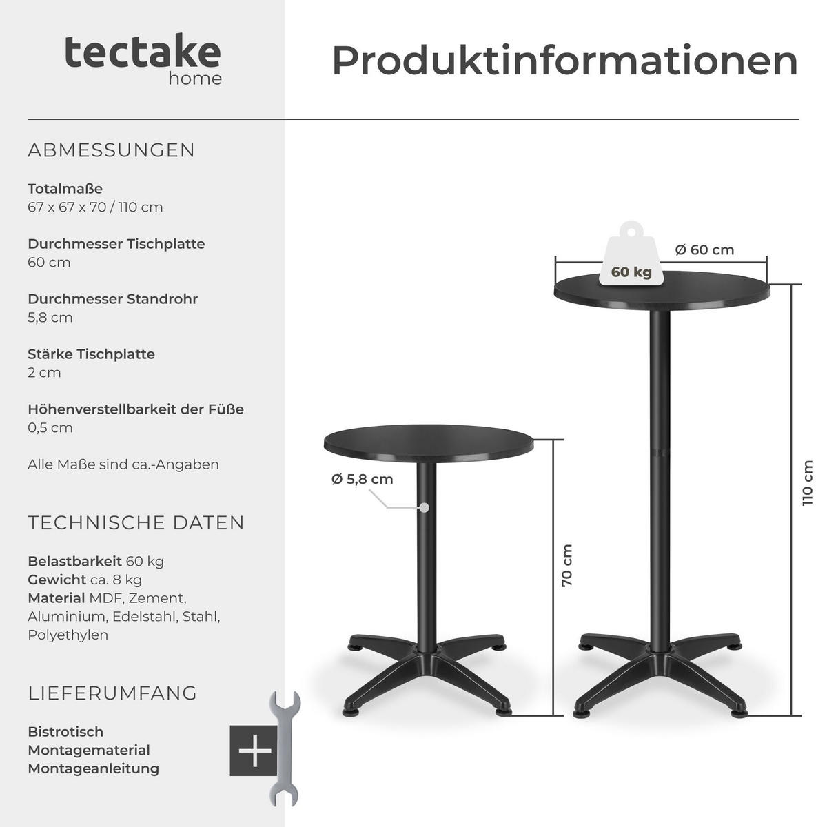 BISTROTISCH aus Aluminium Frederic, höhenverstellbare Kunststofffüße, schwarz - Schwarz, Holz (67/67/110cm) - tectake
