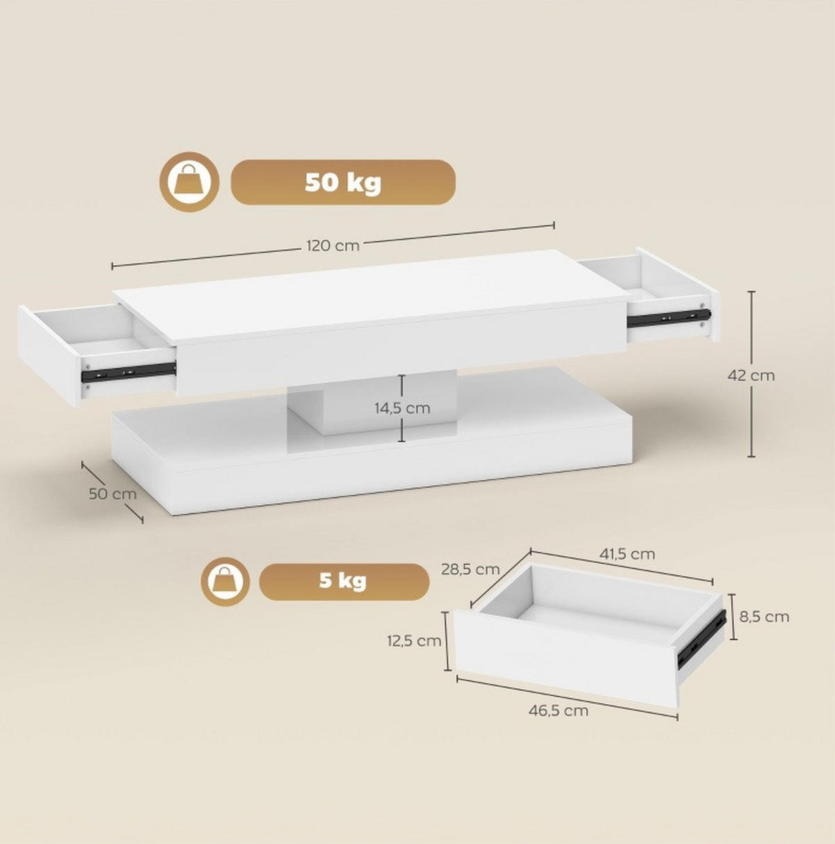 COUCHTISCH 120/50/42 cm weiß aus Spanplatte mit LED-Licht - Weiß, Holz (120/50/42cm) - OKMYHOME