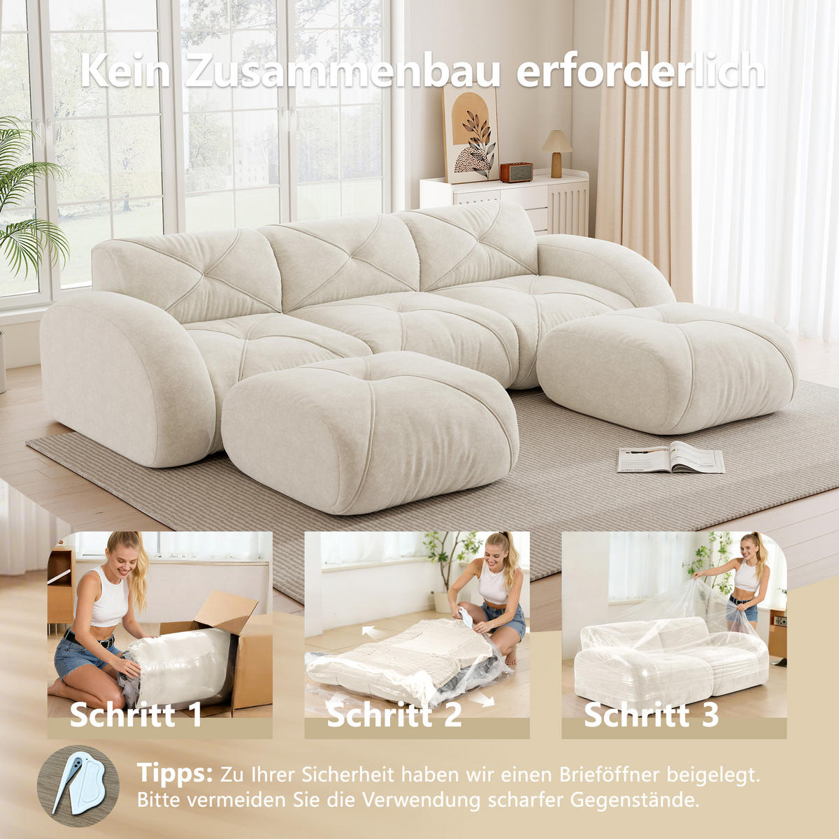 WOHNLANDSCHAFT 3-Sitzer Chenille Hellbeige mit Hocker - Weiß, Textil (281/76/171cm) - WISHDOR