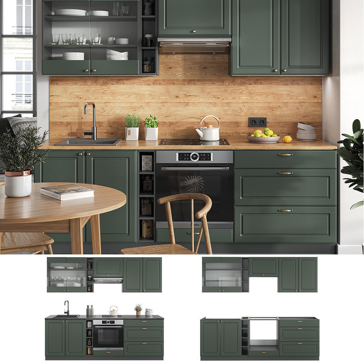 KÜCHENZEILE Fame-Line Grün-Gold Landhaus/Anthrazit 235 cm ohne AP - Anthrazit/Grün, Holzwerkstoff (235/81.6/46cm) - Vicco