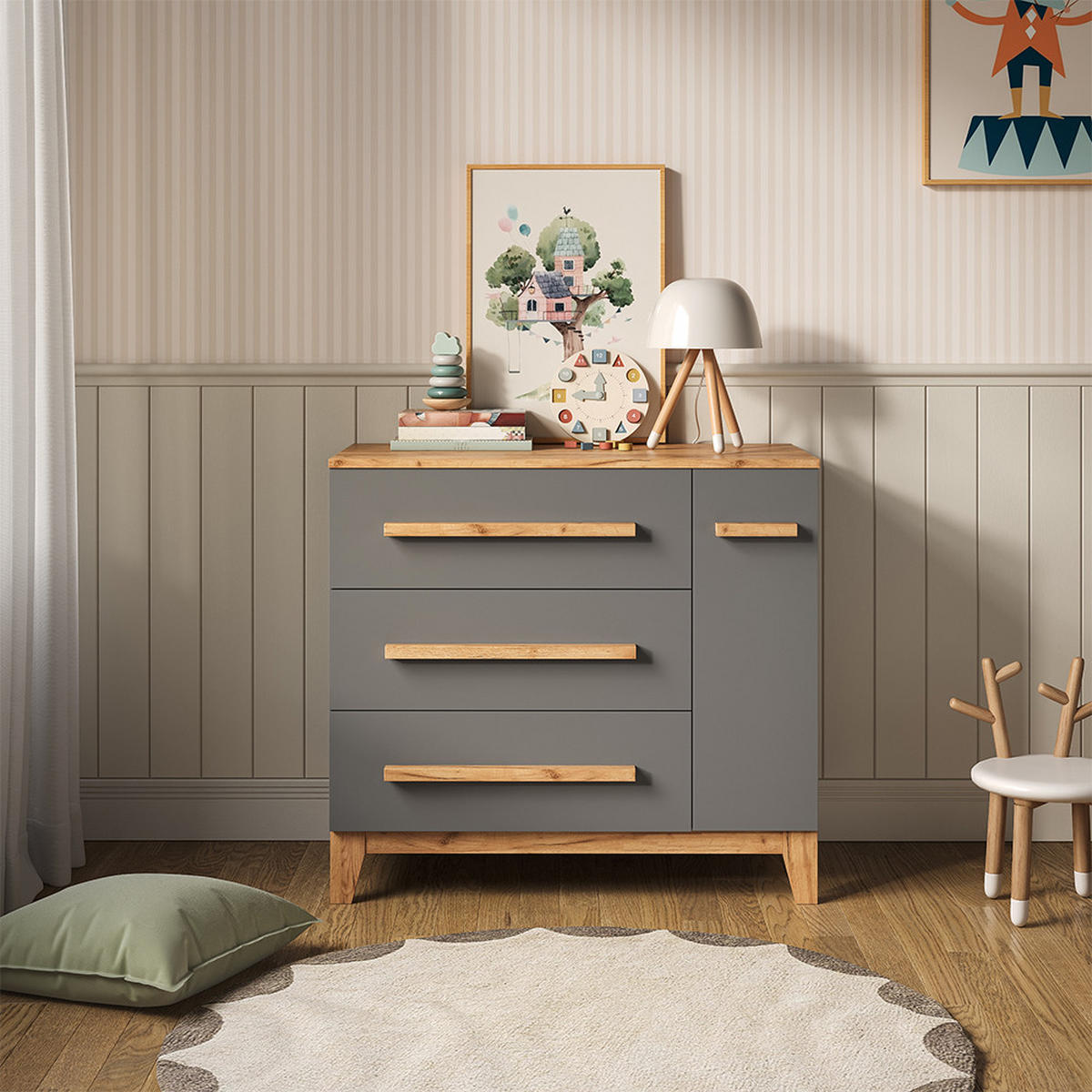 WICKELKOMMODE Malia Grau 98 x 98 cm mit 1 Tür & 3 Schubladen - Hellgrau/Grau, Holzwerkstoff (98/98/52cm) - VitaliSpa