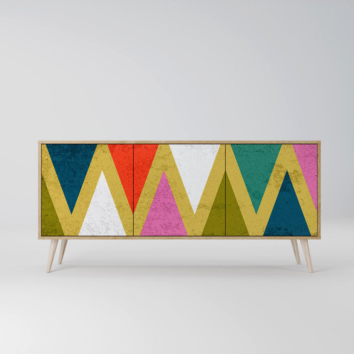 SIDEBOARD COLORFUL TRIANGLES, Eicheneffekt, 164,5x42x77,5 cm, 3 Türen - Eichefarben/Buchefarben, Holzwerkstoff/Buchenholz (164.5/77.5/42cm) - SpaceRebels
