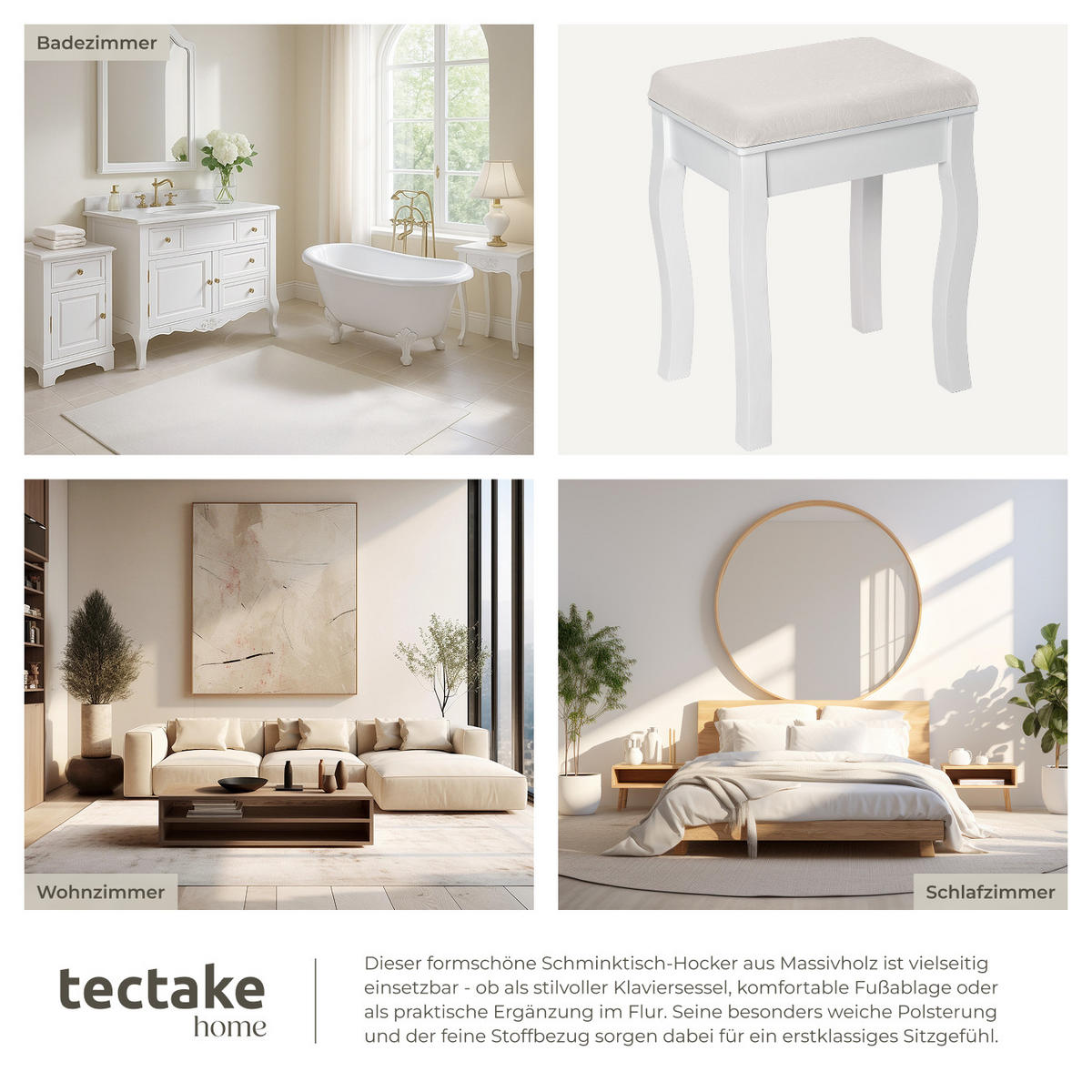 SCHMINKHOCKER ,40 x 30 x 51 cm,weiß - Weiß, Holz (30/51/40cm) - tectake