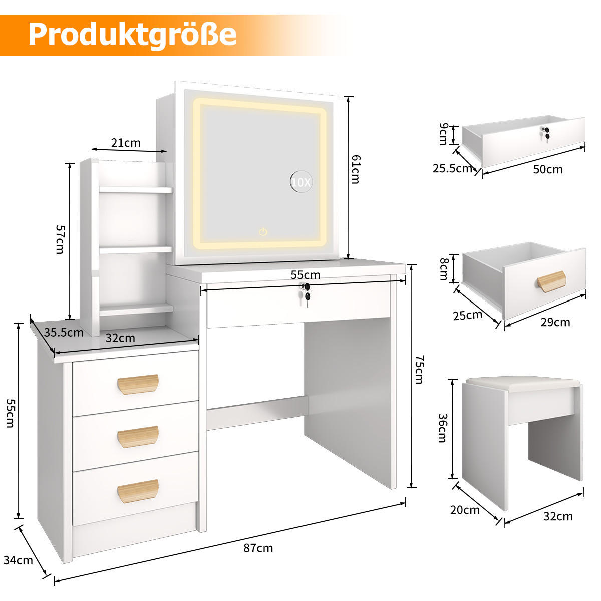 SCHMINKTISCH mit LED-Spiegel und Hocker, 87 L x 36 T x 136 H cm, 3 Beleuchtungsmodi, mit 4 Schubladen und 7 Ablagen, Weiß - Weiß, Holzwerkstoff (36/136/87cm)