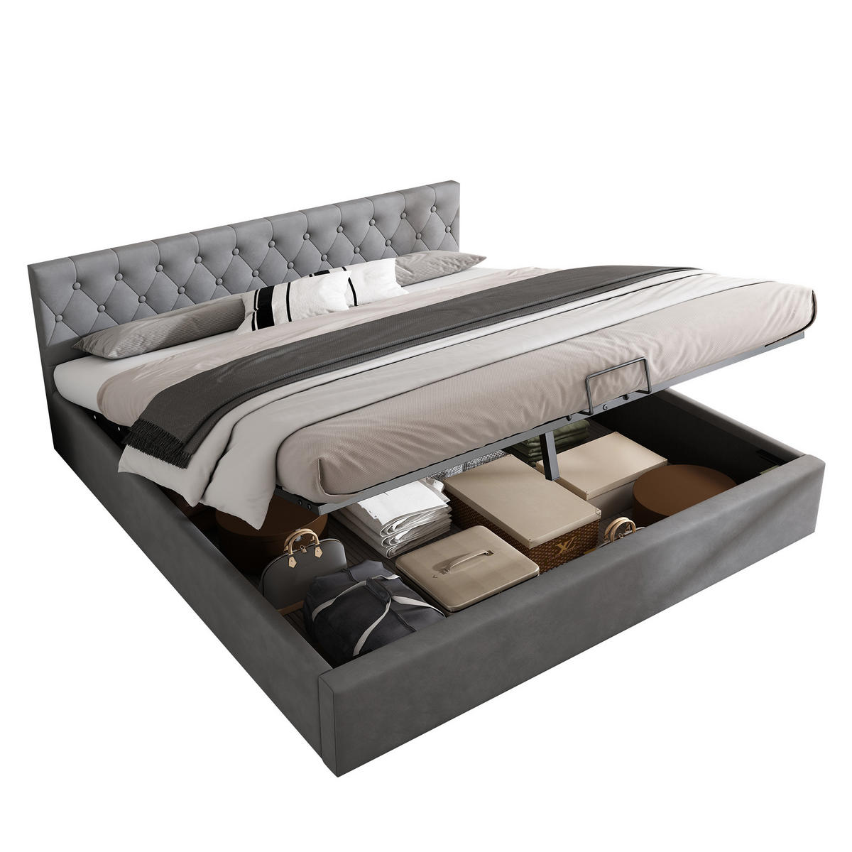 POLSTERBETT 180x200cm Grau Samt Hydraulisch Mit Stauraum - Grau, Textil (180/200cm) - FLIEKS