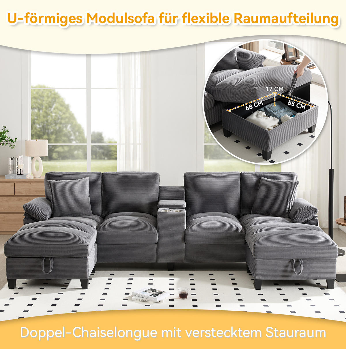 WOHNLANDSCHAFT 293/142/93 cm in Grau, U-Form mit Stauraum und USB-Anschlüssen - Grau, Textil (93/293/142cm) - Flora Grace