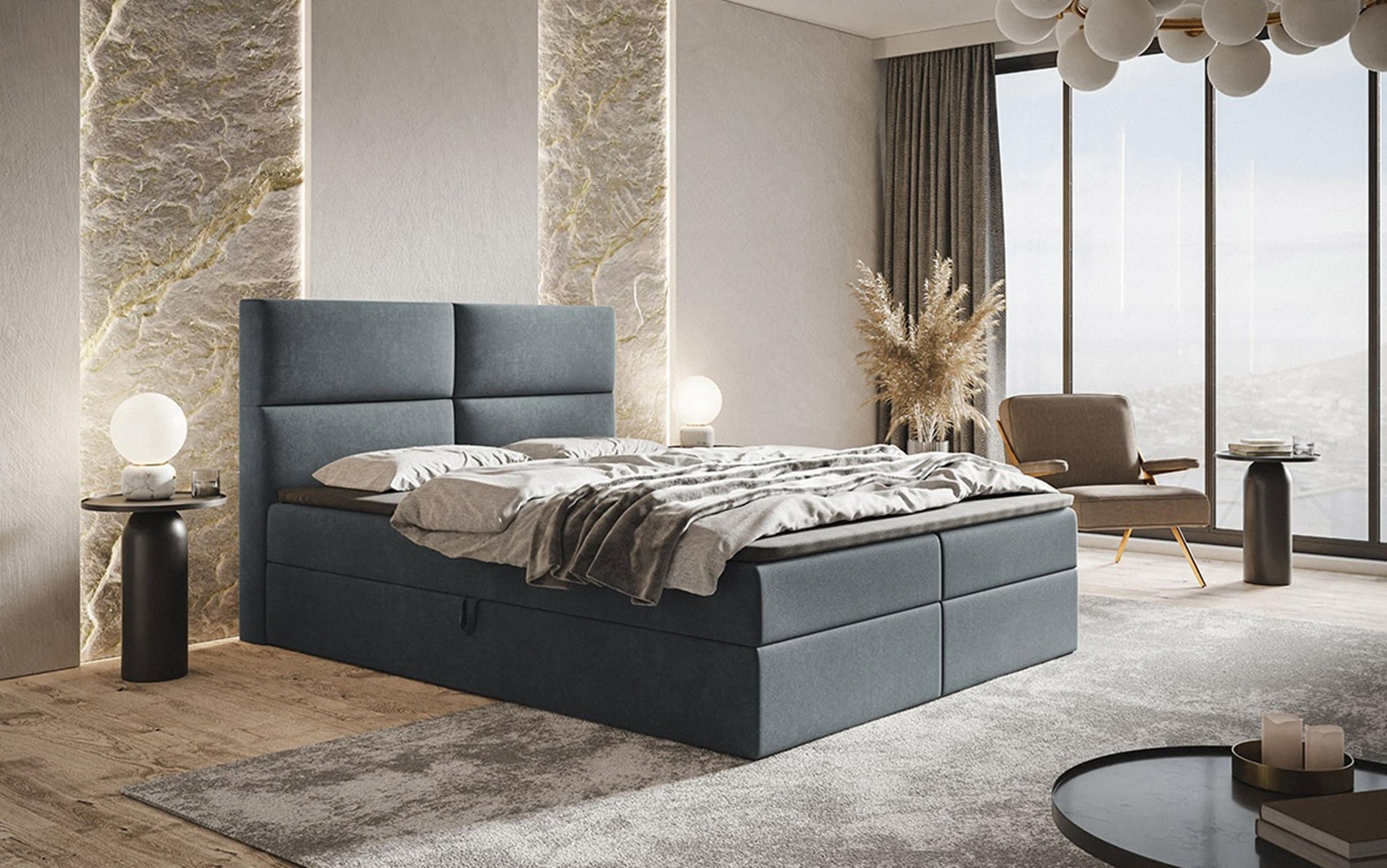 BOXBETT Bonio III 140/200 cm in Grau – mit Bettkasten und Topper - Schwarz/Grau, Holz/Holzwerkstoff (140/200cm) - AX Living