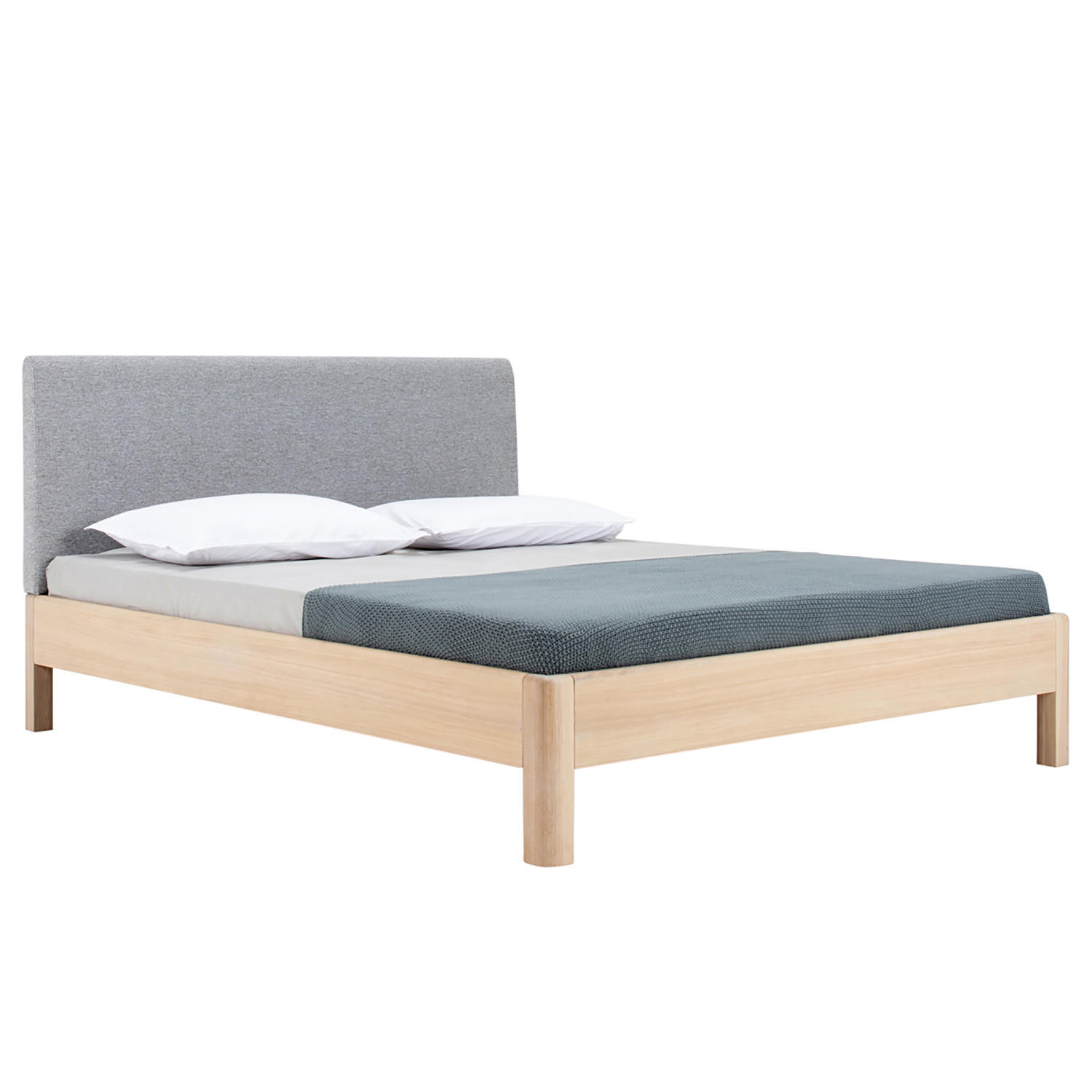 MASSIVHOLZBETT mit Polsterkopfteil - Eiche massiv / Webstoff, Hellgrau - Hellgrau, Textil (160/200cm) - home24