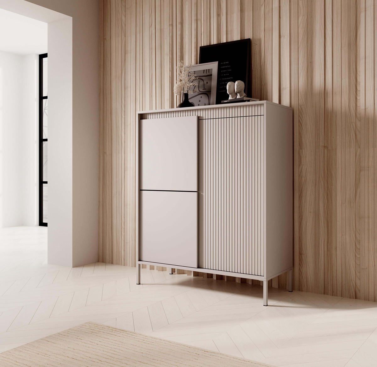 KOMMODE SENSO 3D Hoch, Geriffelte MDF-Fronten, Push-to-Open, Metallfüße, 103,5x123,4x39,5 cm - Beige - Beige/Creme, Holz/Holzwerkstoff (104/124/40cm) - DomoHome