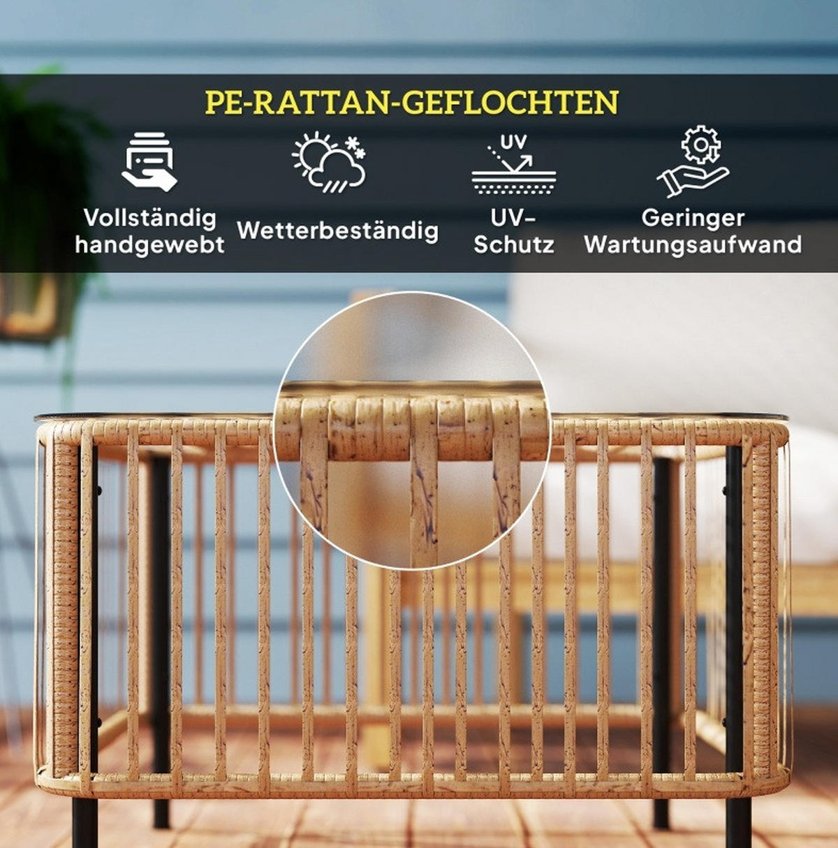 GARTENTISCH aus Rattan 65x65x43 cm Naturfarbe mit Glasplatte - Naturfarben, Glas (65/65/43cm) - Modfu