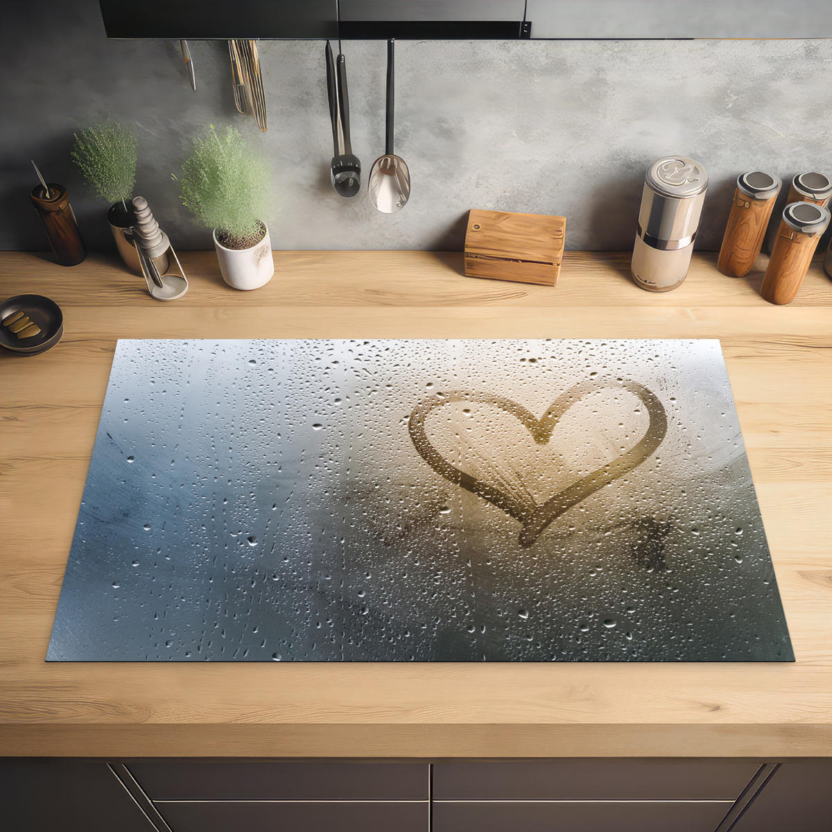 HERDABDECKPLATTE Herz - Kondenswasser - Wasser - 3D Ceranfeldabdeckung 85x52 cm - Grau, Kunststoff (85/52/0.2cm) - MuchoWow