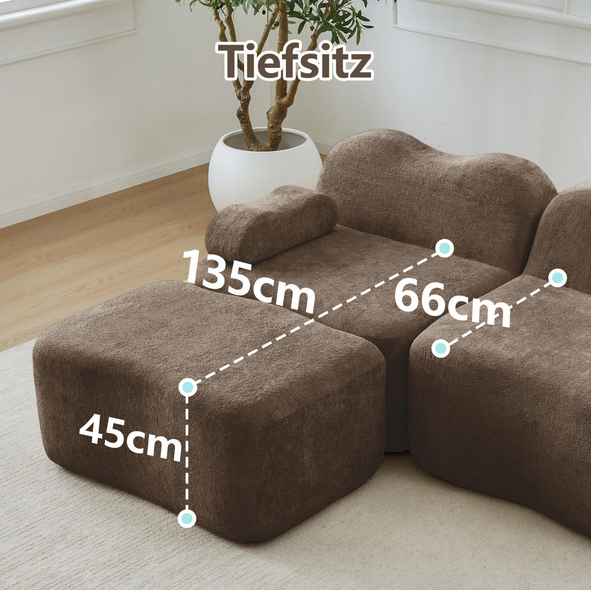 3-SITZER-SOFA aus Samt Braun rahmenlos mit tiefer Sitzfläche, beweglichem Armlehnenkissen und verbindbarem Hocker - Braun, Textil (288/70/98cm) - Modfu
