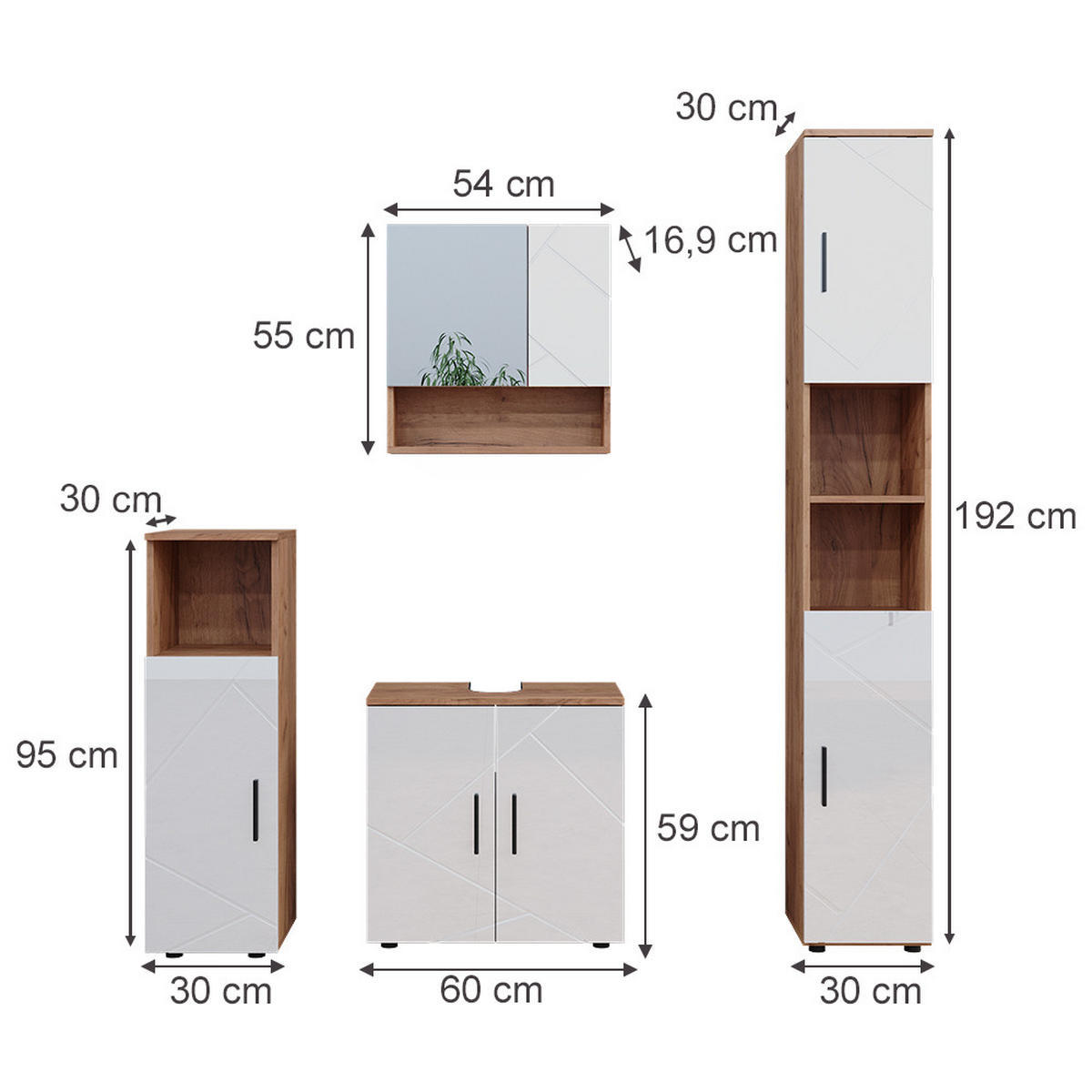 BADMÖBEL-SET Irma Weiß Hochglanz/Goldkraft Eiche 4 Teile mit Hochschrank - Weiß Hochglanz/Eiche Wotan, Holzwerkstoff (80/58.6/41cm) - Vicco