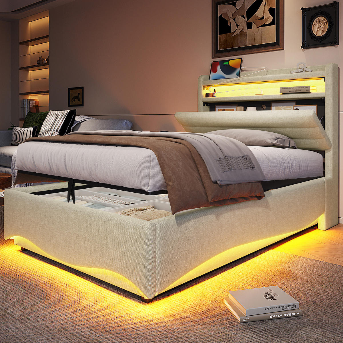 POLSTERBETT aus Leinen 90x200 cm Beige mit LED-Beleuchtung, USB- und Typ-C-Anschluss sowie hydraulischem Stauraum - Beige, Textil (90/200cm) - Modfu
