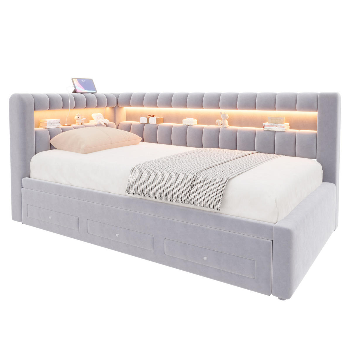 POLSTERBETT Schlafsofa aus Samt 90x190 cm Hellgrau mit Ausziehbett, LED-Beleuchtung, USB-C und Stauraum - Hellgrau, Textil (90/190cm) - Modfu