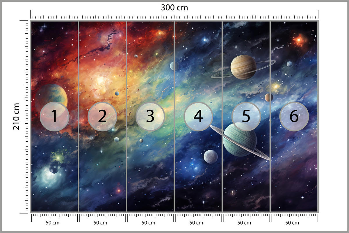 FOTOTAPETE für Jugendzimmer Aquarell Galaxie Planeten Sterne 300x210 - Blau/Gelb, Papier (300/210cm) - Muralo