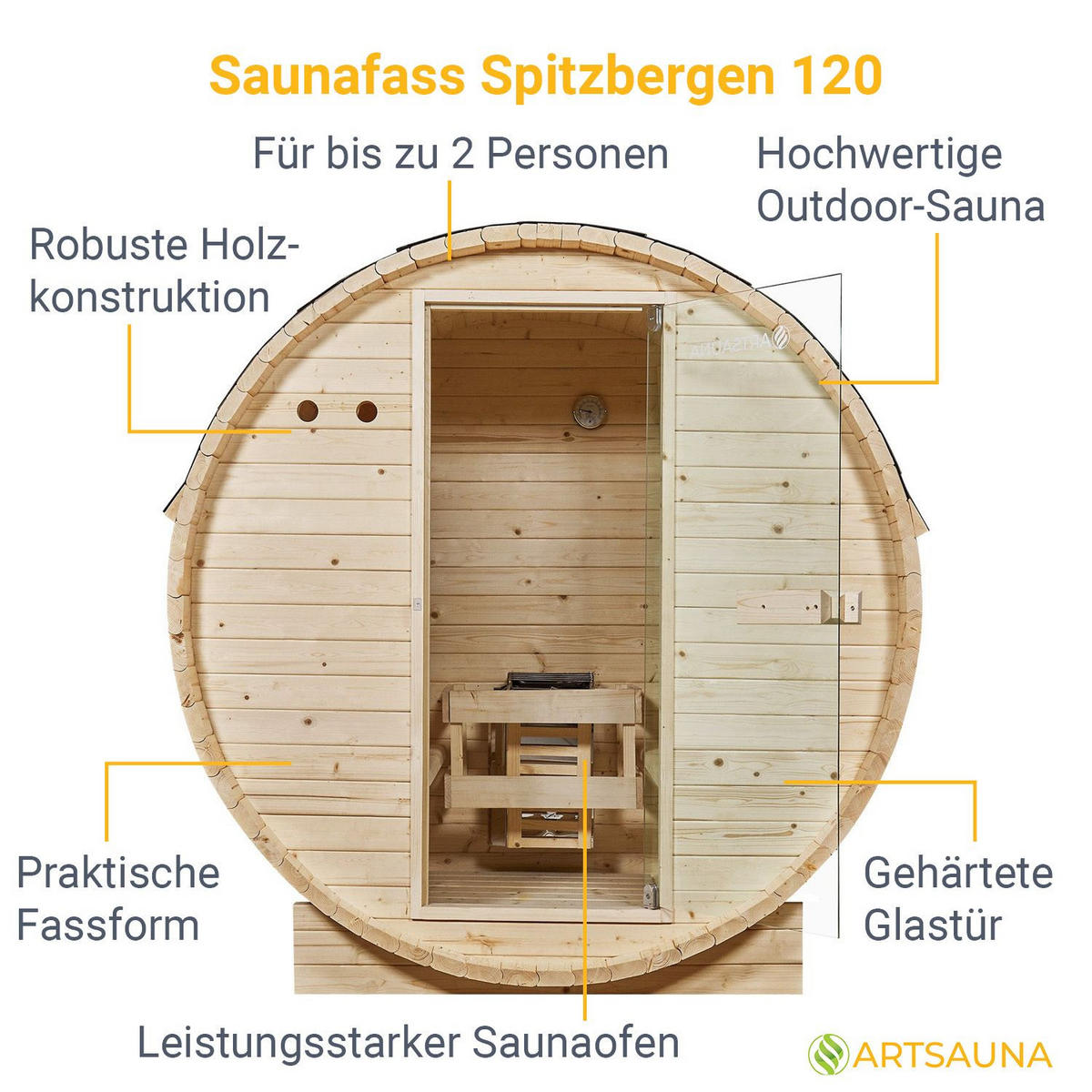 FASSSAUNA Spitzbergen 120 cm mit 3,6 kW Saunaofen (2 Personen) - Naturfarben, Holz (191/193/120cm) - Artsauna