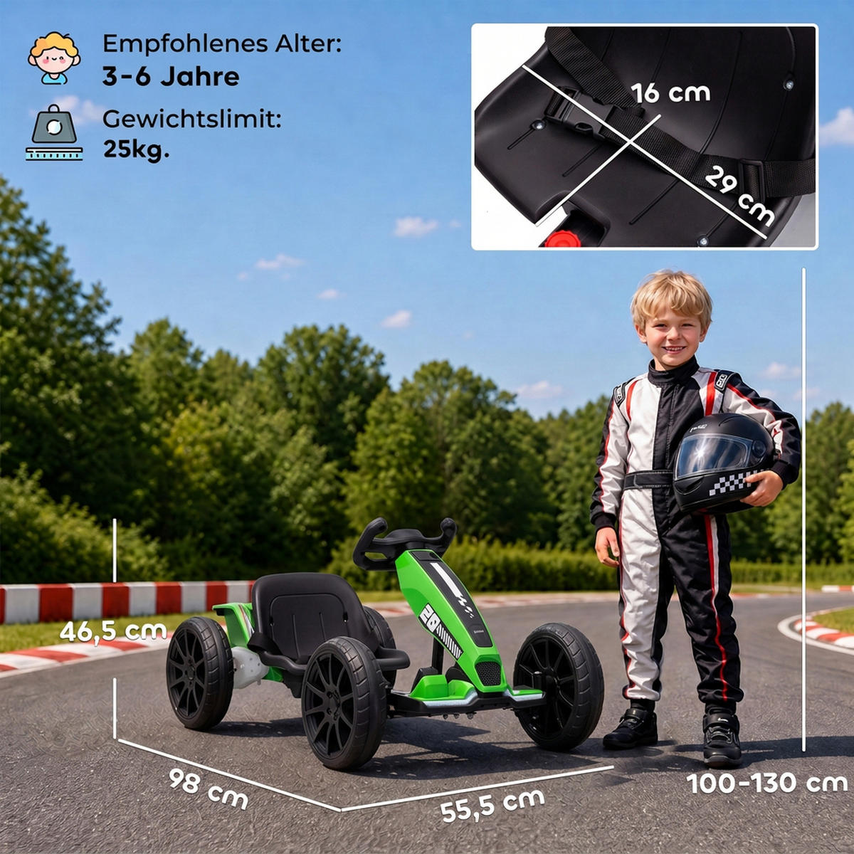 KINDER-GOKART Stahl EVA Grün - Grün, Metall (98/55.5/46.5cm) - AIYAPLAY