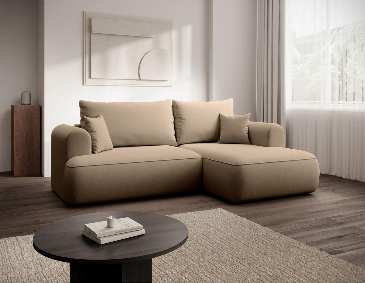 ECKSCHLAFSOFA Ovo Mini Beige Easy-Clean-Samtbezug - Beige/Schwarz, Kunststoff/Textil (238/156cm) - Selsey