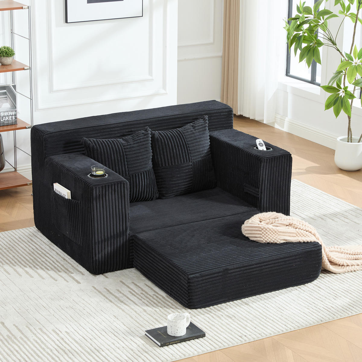 1,5-SITZER ausklappbar, Getränkehalter/Seitentasche, Cord, Schwarz - Schwarz, Textil (133/64/87cm) - LVHOM