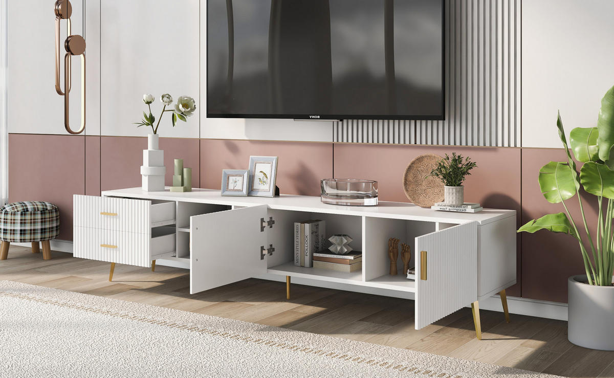 TV stolek 180/35/41 cm pro TV do 80 palců, se 2 zásuvkami a 2 dvířky, z MDF, Bílá - bílá, kompozitní dřevo (180/41/35cm) - Redom