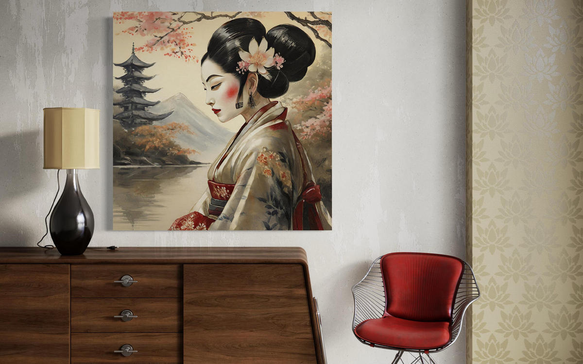 WANDBILD japanische geisha abstrakt - Beige, Textil (50/50cm) - Feeby