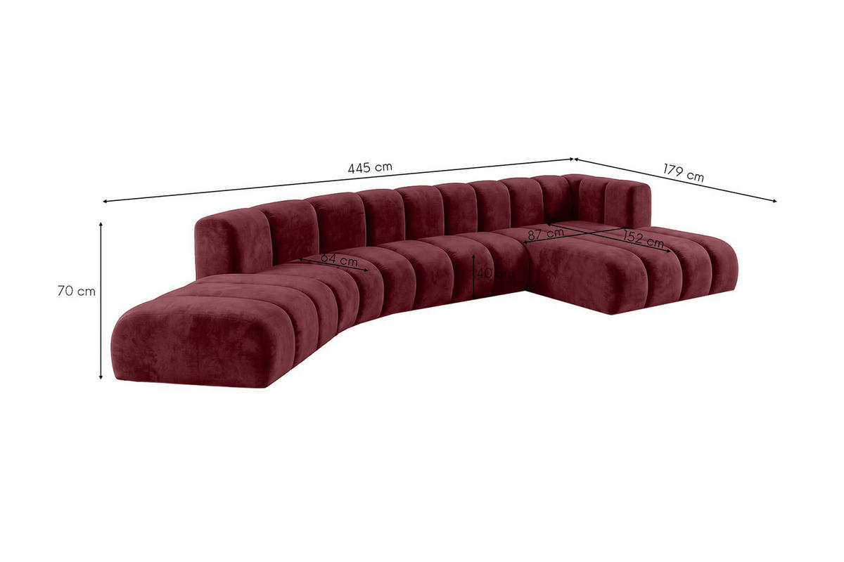 ECKSOFA Modulares In L-Form, Velvet-Stoff Riviera, Rotwein, Rechts, GRAND Round - Dunkelrot, Holz (445/179cm) - Kaiser Möbel