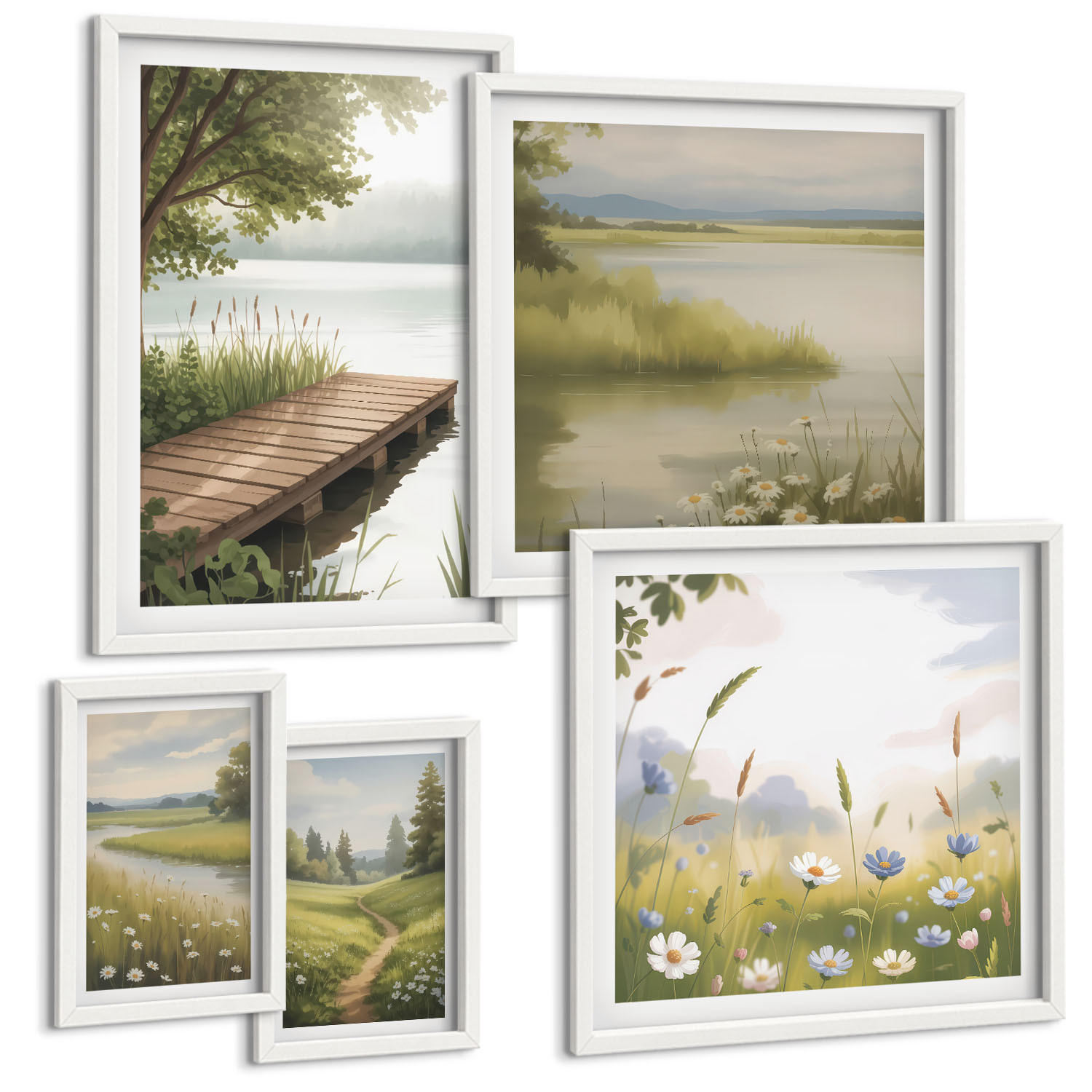 BILDER SET 5er Set - 50x50 cm & 20x30 cm & 40x60 cm Weißer Rahmen - Zitronenblumen aus der Küstenstadt - Weiß, Kunststoff (40/60cm) - TULUP