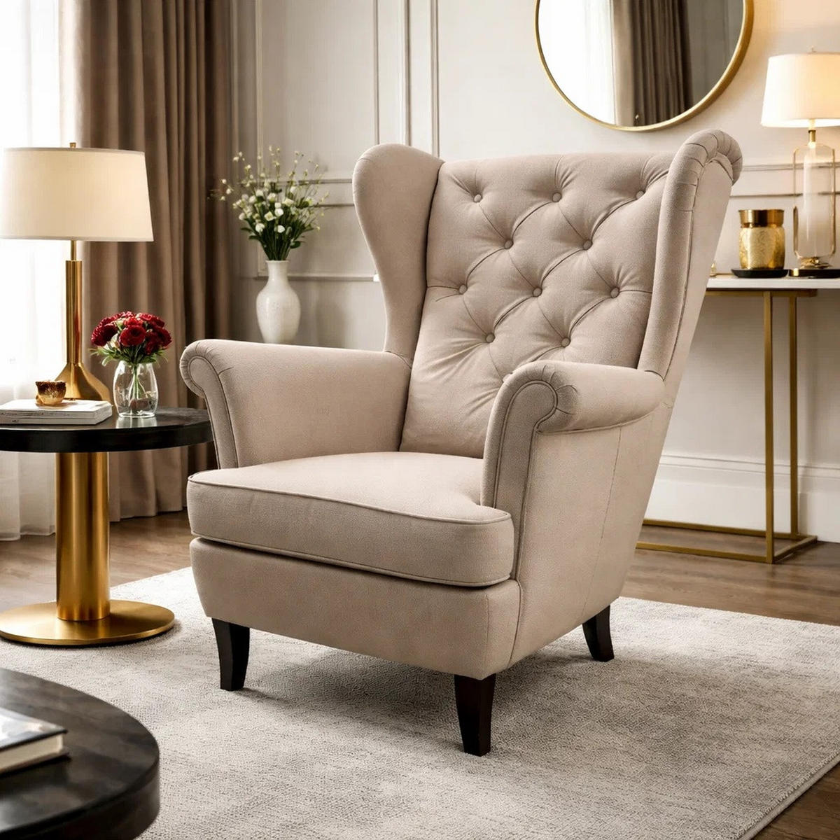 CHESTERFIELD-SESSEL Falco beige mit Holzbeinen - Wengefarben/Greige, Holz/Textil (82/102/92cm) - Beautysofa