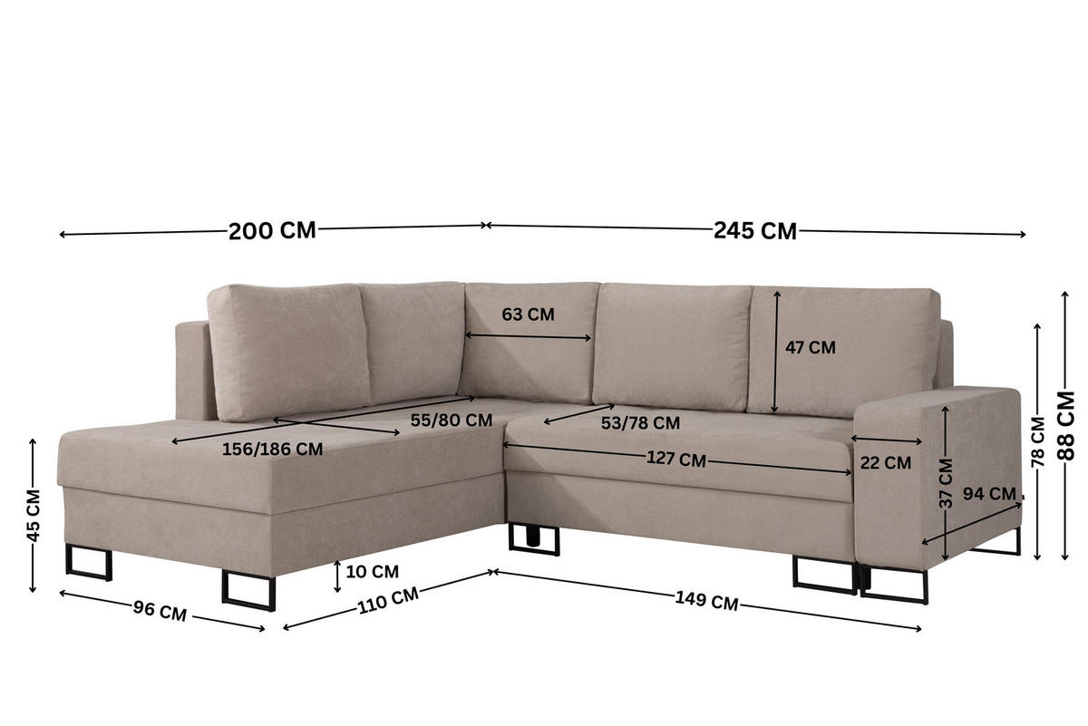 ECKSOFA mit Schlaffunktion Links Beige Chenille - 245x200 cm - Trevi - Beige/Schwarz, Holz/Holzwerkstoff (245/200cm) - Ravio