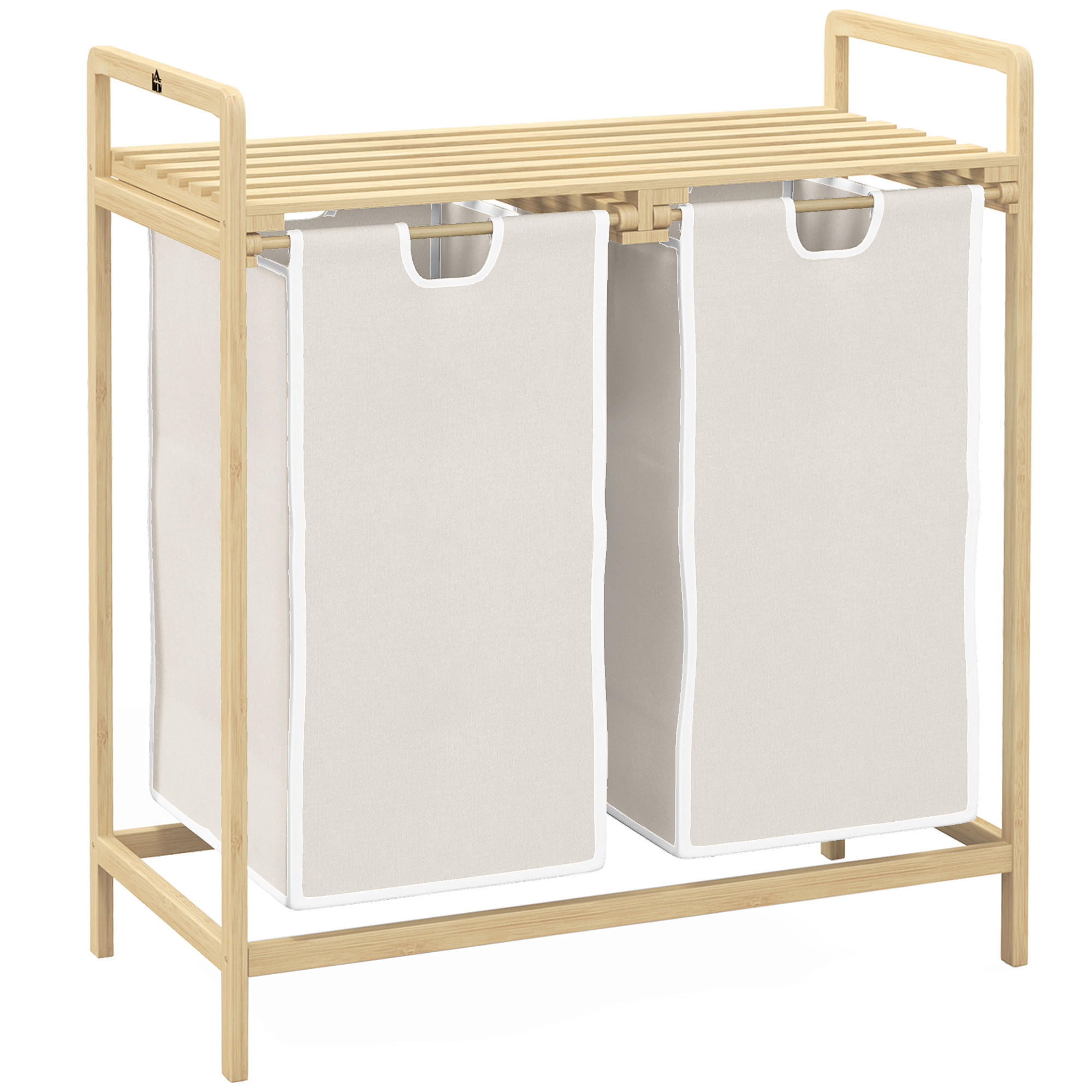 WÄSCHEKORB Wäschebox mit 2 abnehmbaren Wäschesacke Wäschesortierer Bambus - Creme/Naturfarben, Naturmaterialien (33/73/63.5cm) - HOMCOM