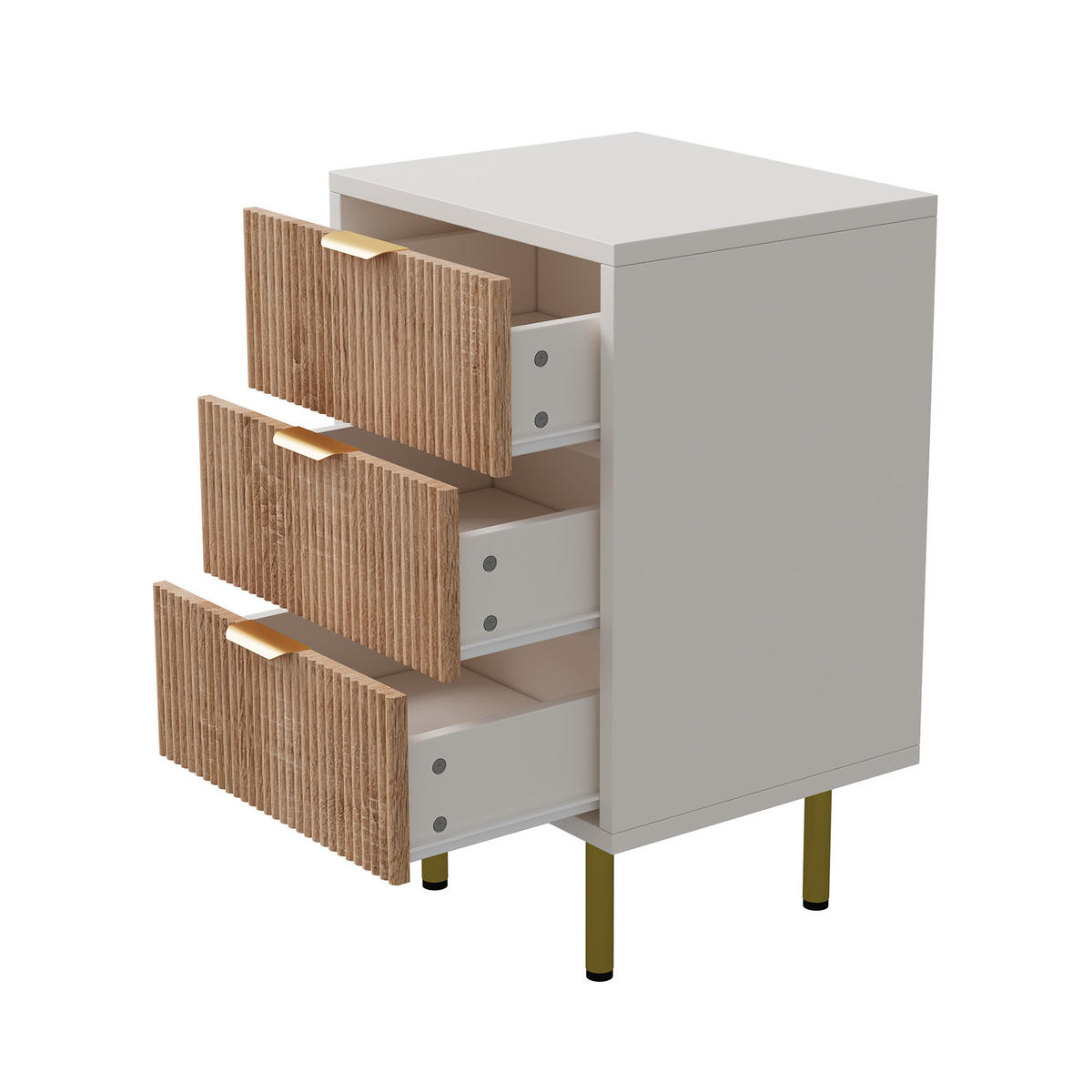 NACHTTISCH 2er-Set, 3 Schubladen, Boho-Stil, Naturholz mit Metallgriffen, 40 x 40 x 65 cm - Weiß, Holz (40/65/40cm)