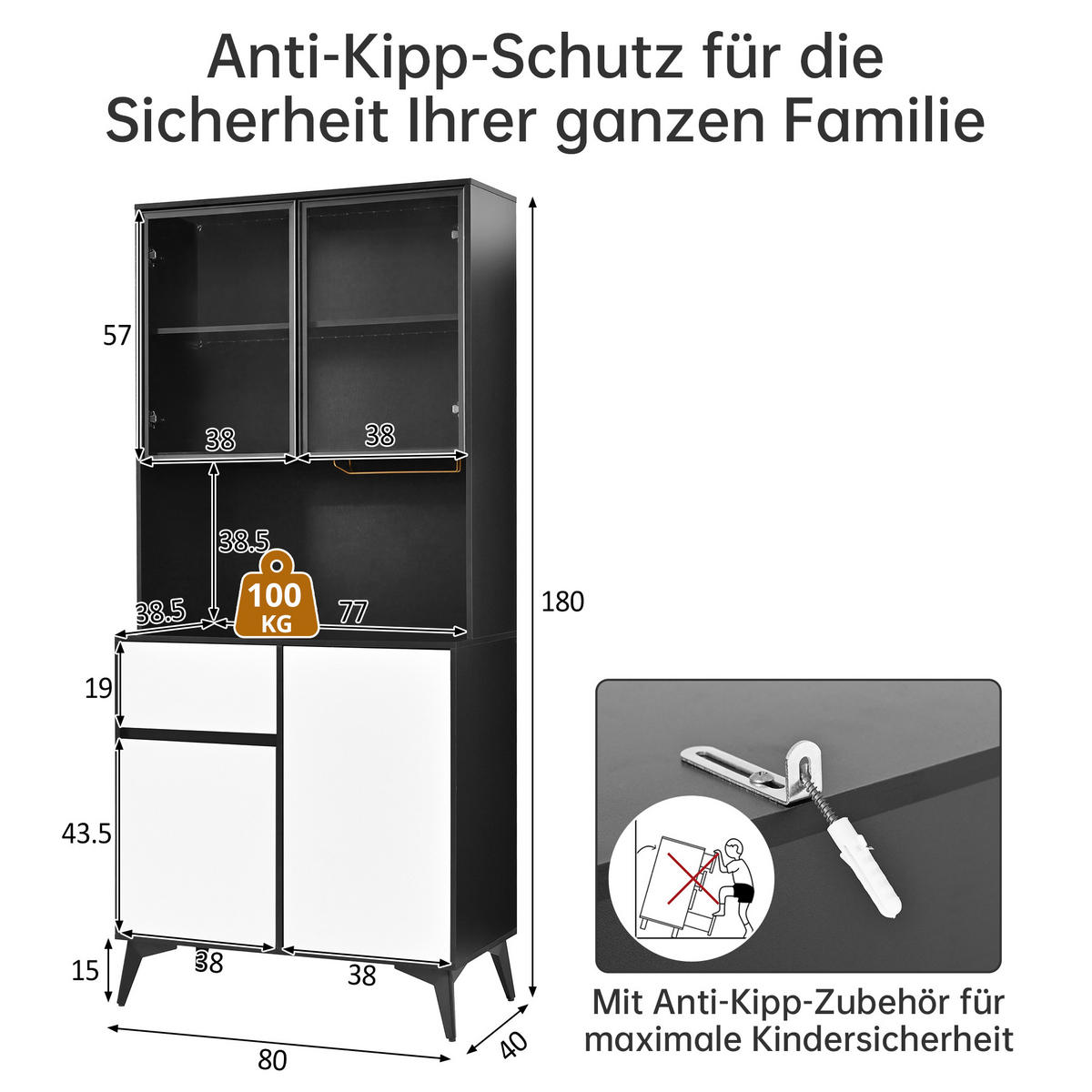 VITRINE LED Hochschrank Glas MDF Schwarz Weiß Modern - Multicolor, Holzwerkstoff (80/180/40cm) - FLIEKS