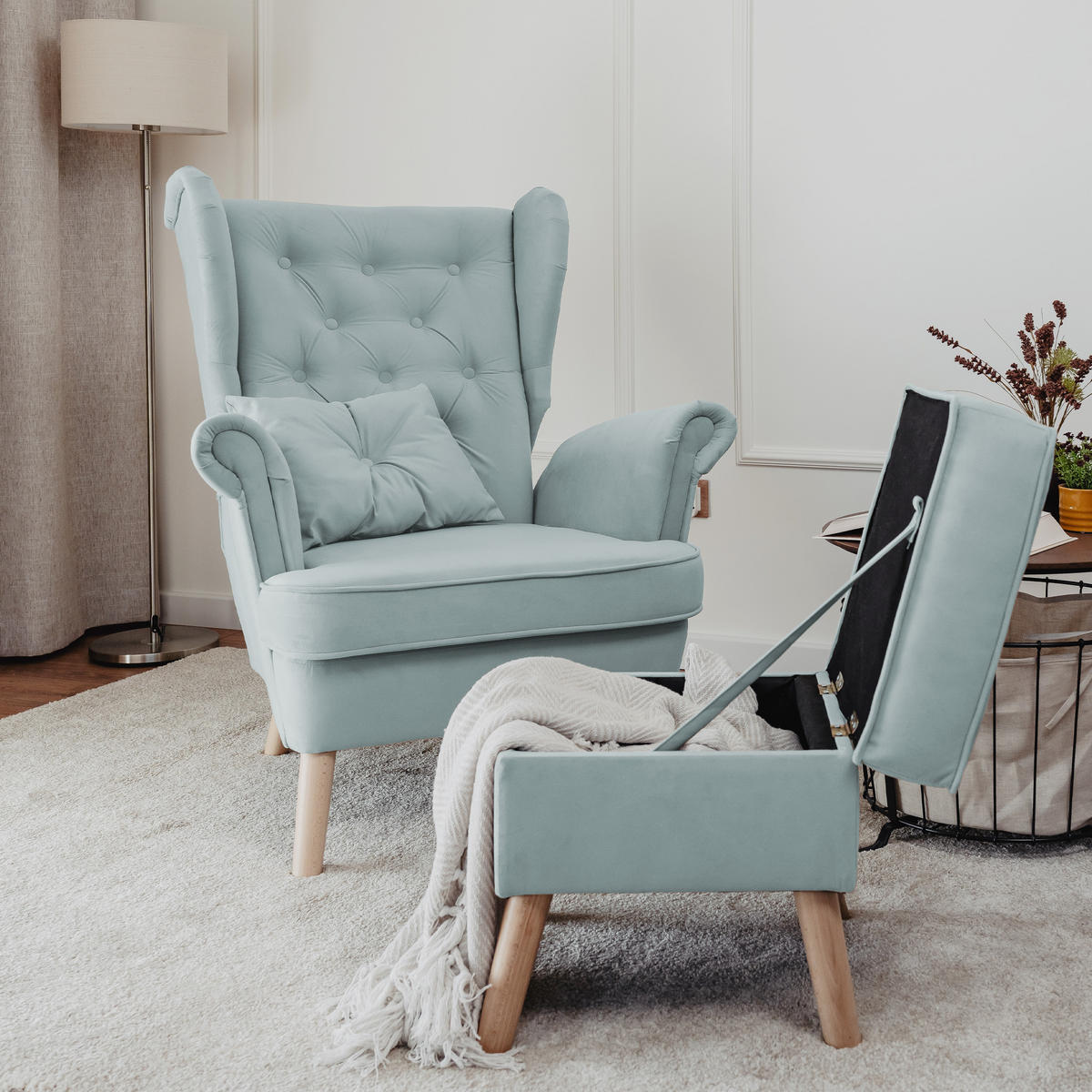 SESSEL mit Fußhocker Classic - Blau, Holz (92/107/80cm) - Idohome