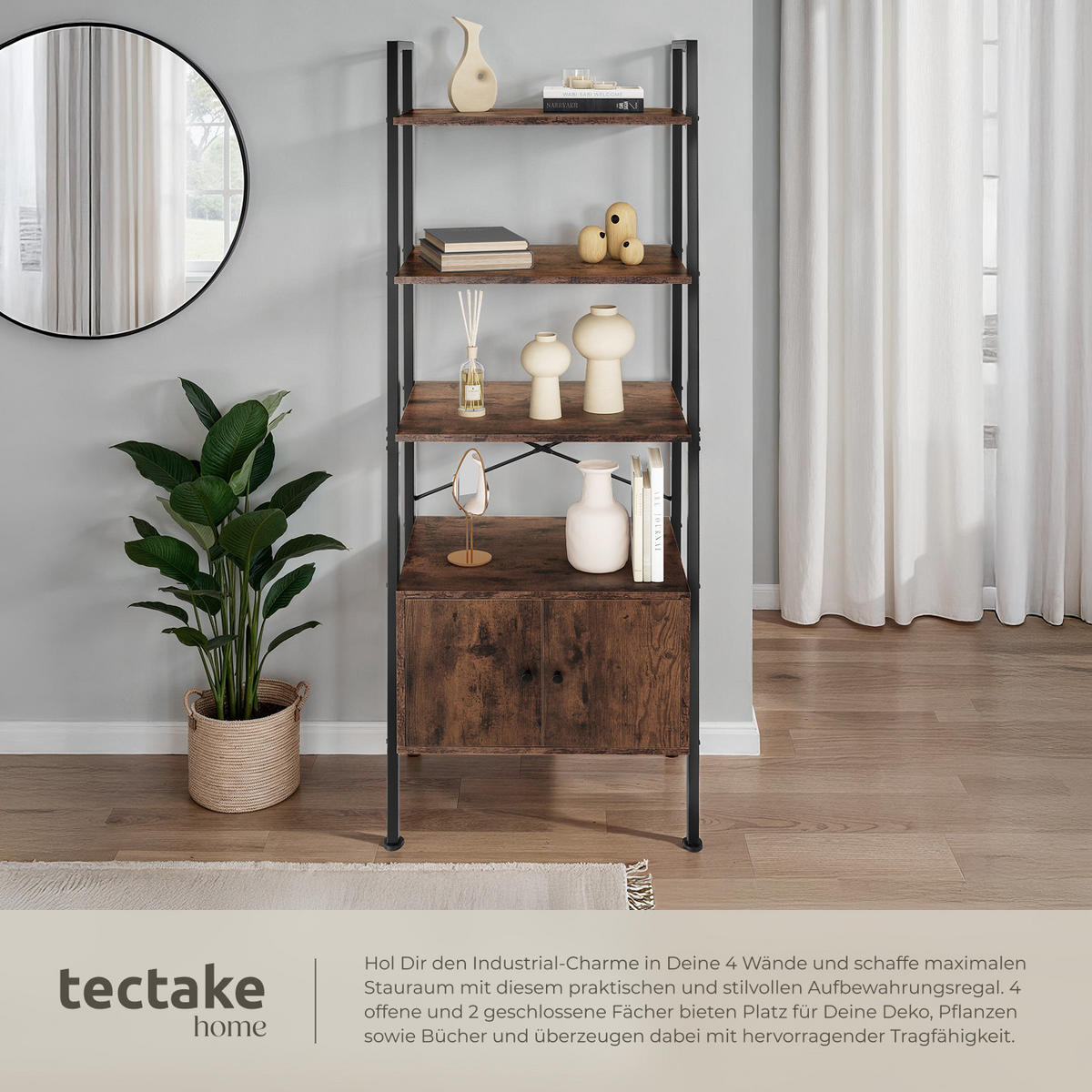 LEITERREGAL Brentwood,inklusive Kippschutz, 57,5 x 34 x 173 cm,Industrial Holz dunkel, rustikal - Rostfarben, Holzwerkstoff (34/173/57.5cm) - tectake