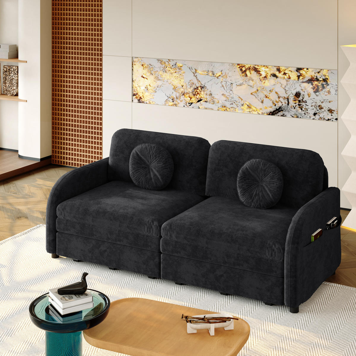 SCHLAFSOFA 166/84/90 cm Schwarz Chenille mit losen Kissen und Stautaschen an beiden Seiten - Schwarz, Textil (84/90/166cm) - Oxeza